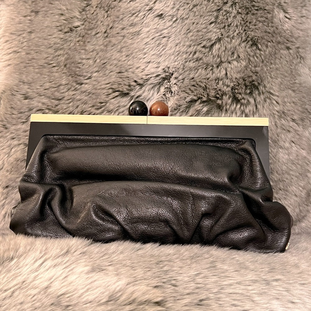 Kate Spade Wood Kiss Lock Black Leather Clutch
